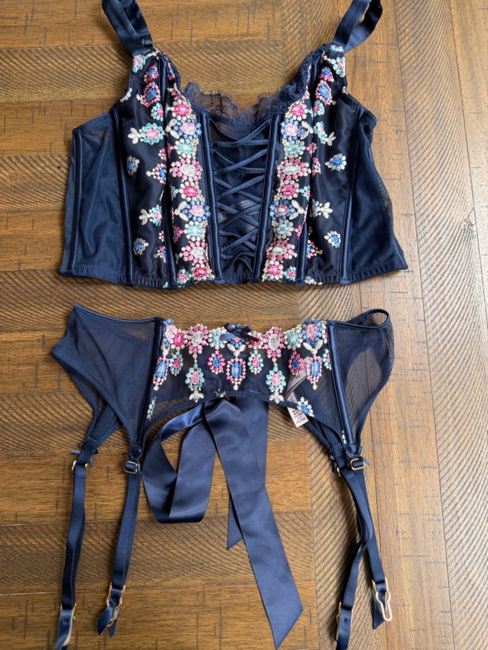 Victoria's Secret Navy Embroidered Lace-Up Bustier & Garter